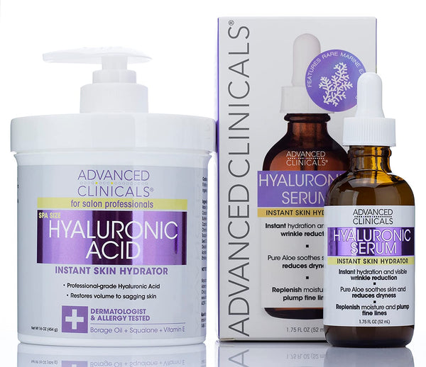 Advanced Clinicals Hyaluronic Acid Moisturizer Body Cream + Hyaluronic Acid Serum Skin Care Product 2Pc Bundle, Face Serum & Body Lotion Targets Wrinkles, Dark Spots, Fine Lines, & Dry Skin, 2Pc Set