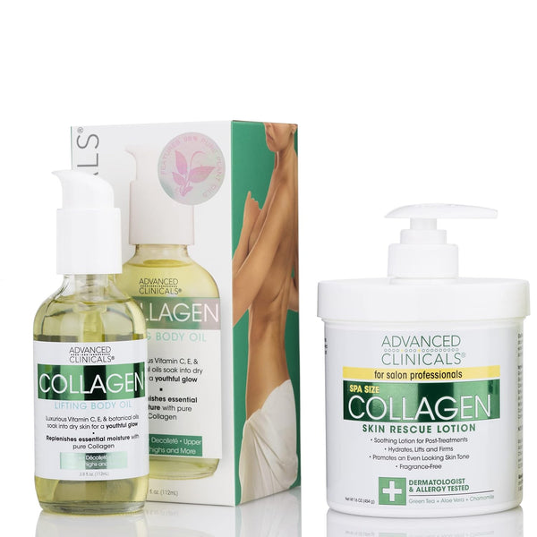 Advanced Clinicals Collagen Body Cream Moisturizer Lotion + Collagen Body Oil Skin Care 2 Piece Set – Tightening, Firming, & Hydrating Skin Care Set to Reduce Crepey Skin, Wrinkles, & Stretch Marks