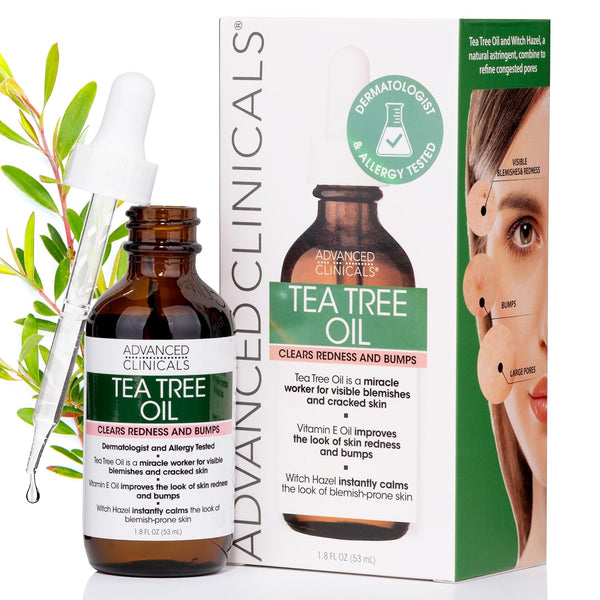 Advanced Clinicals Tea Tree Oil Facial Skin Care Serum Spot Treatment Targets Redness, Bumps, Acne, & Dry Itchy Skin - Pure Tea Tree Skincare W/Vitamin E, Witch Hazel, & Sunflower Extract, 1.8 Fl Oz